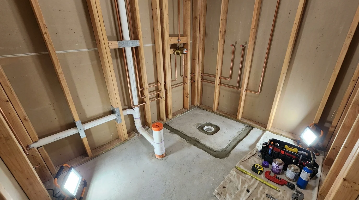 Bathroom rough-in plumbing during remodel by Johns Plumbing LLC in Shepherdstown