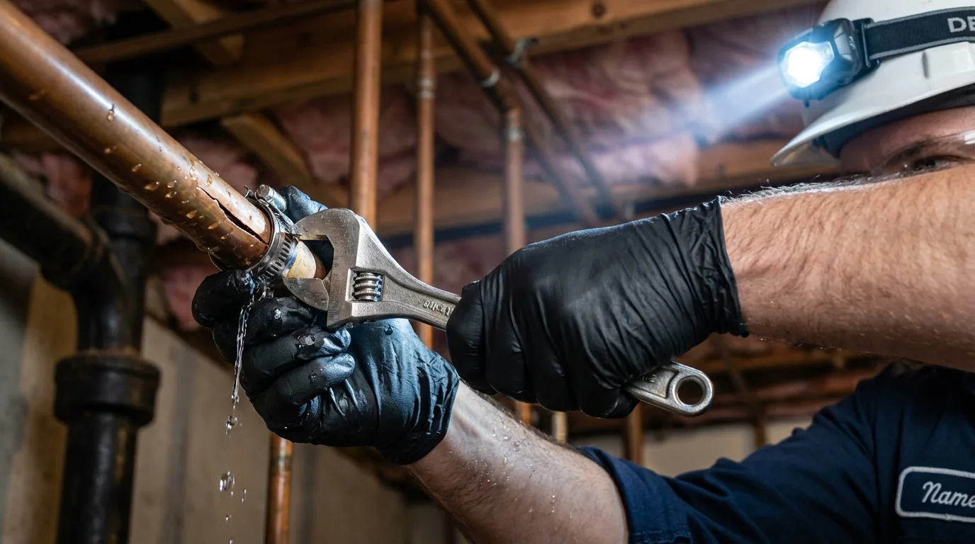 Emergency pipe clamp repair being performed by a Johns Plumbing LLC plumber in Shepherdstown