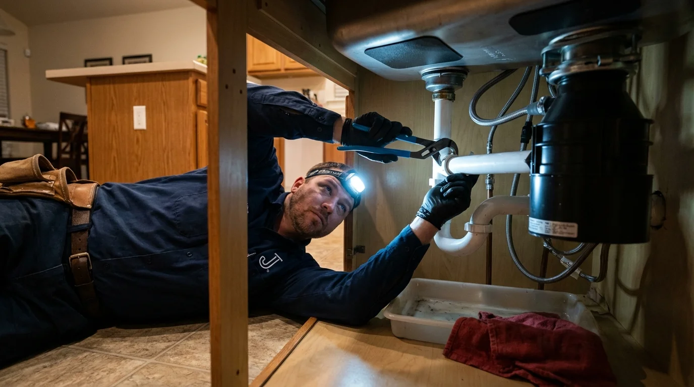P-trap and supply line connections under a kitchen sink showing a common leak point in Shepherdstown, WV